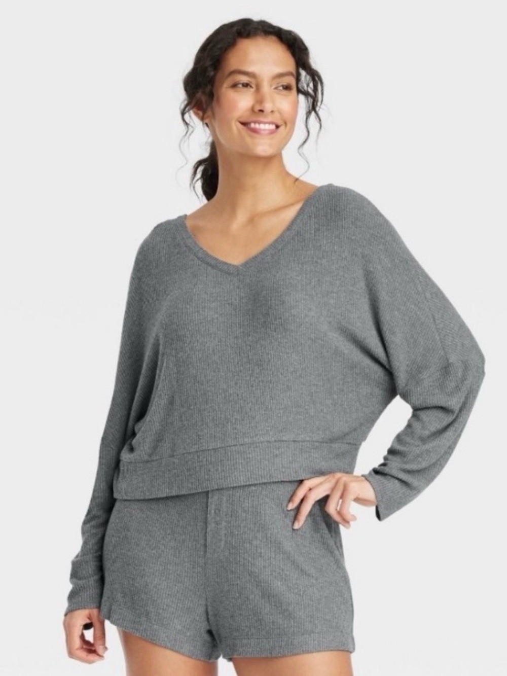Auden Women's Cozy Ribbed Pullover Long sleeve Top Gray Size S